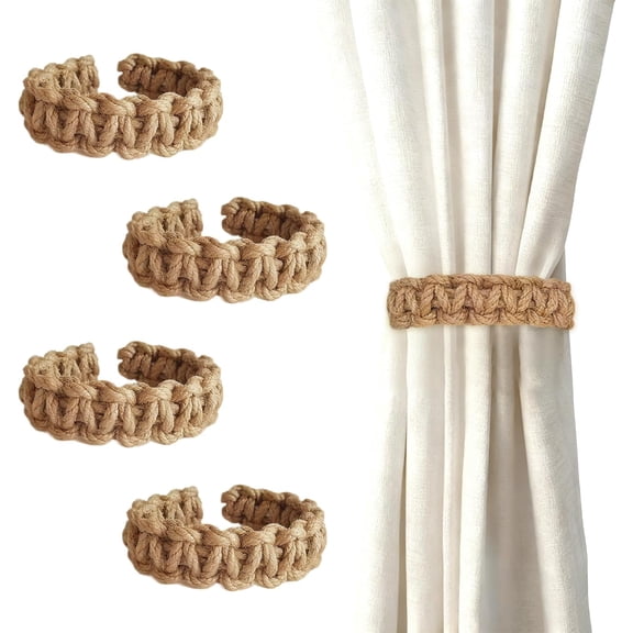 4 Pack Boho Rustic Braided Curtain Tiebacks & Holdbacks Handmade Light Weight Burlap Rope Curtain Ties for Light Weight Drapes,Decorative Curtain Accessories for Home Office Bedroom Outdoor Window