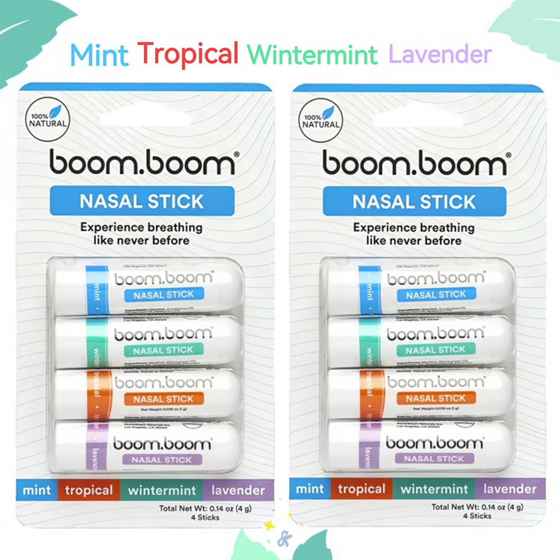Boom Boom Nasal Stick （4 Pack ）Mint Tropical Wintermint Lavender Focus