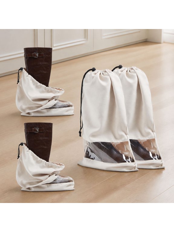 4 Pack Boot Storage Bags, Dust Proof Travel Boot Bags with Clear Window for Cowboy Boots, Tall Boots, Suede Fabric, Drawstring Closure, 13.8" x 22.4"