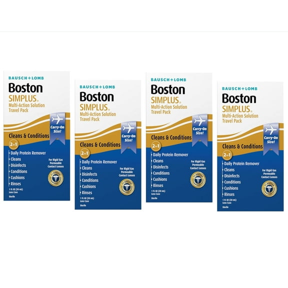 4 Pack - Boston SIMPLUS Multi-Action Solution Travel Kit and Lens Case - from Bausch + Lomb, 1 fl oz (30 mL), Contact Lens Case Included