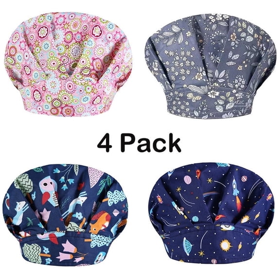 4 Pack Bouffant Cap with Buttons, Adjustable Scrub casp for women and men,Sweatband Adjustable Tie Back Hat