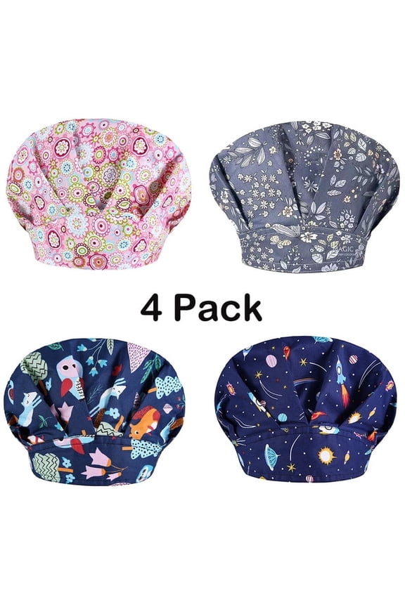 4 Pack Bouffant Cap with Buttons, Adjustable Scrub casp for women and men,Sweatband Adjustable Tie Back Hat
