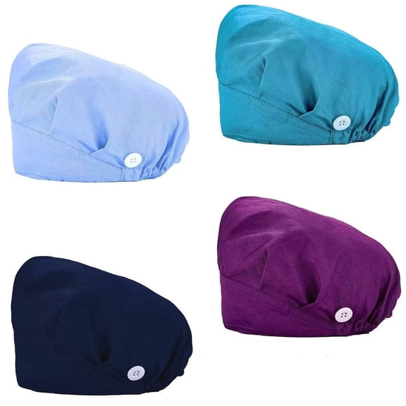 4 Pack Bouffant Cap with Buttons, Adjustable Scrub casp for women and men,Sweatband Adjustable Tie Back Hat