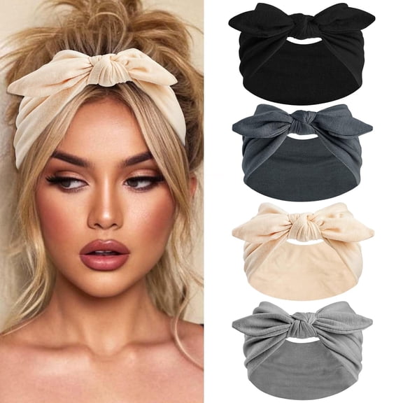 4 Pack Bow Headbands of Solid Color for Women’s Hair Non Slip Wide Rabbit Ears Vintage Head Wraps Knotted Cute Hair Band Accessories
