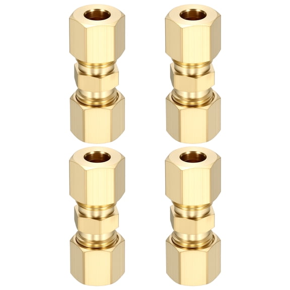 4 Pack Brass Compression Tube Pipe Fitting, 1/4" OD Compression Union Connector, Straight Coupling Adapter Pipe Fitting with Double Ferrules for Air, Water, Oil, Gas