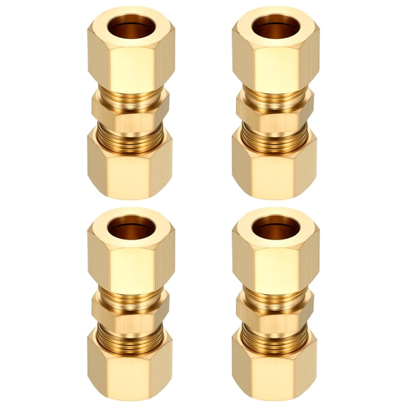 4 Pack Brass Compression Tube Pipe Fitting, 3/8" OD Compression Union Connector, Straight Coupling Adapter Pipe Fitting with Double Ferrules for Air, Water, Oil, Gas
