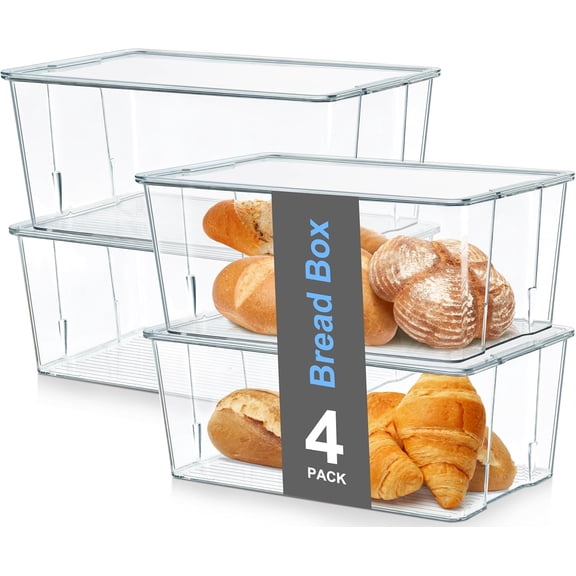 4 Pack Bread Box for Kitchen Countertop, Bread Storage Container with Lid for Bagel, Donut and Cookies, Clear Breadbox Keeper for Muffin