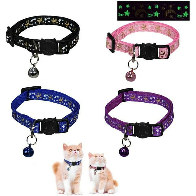 4 Pack Breakaway Cat Collar with Bell, Glow in The Dark, Adjustable for