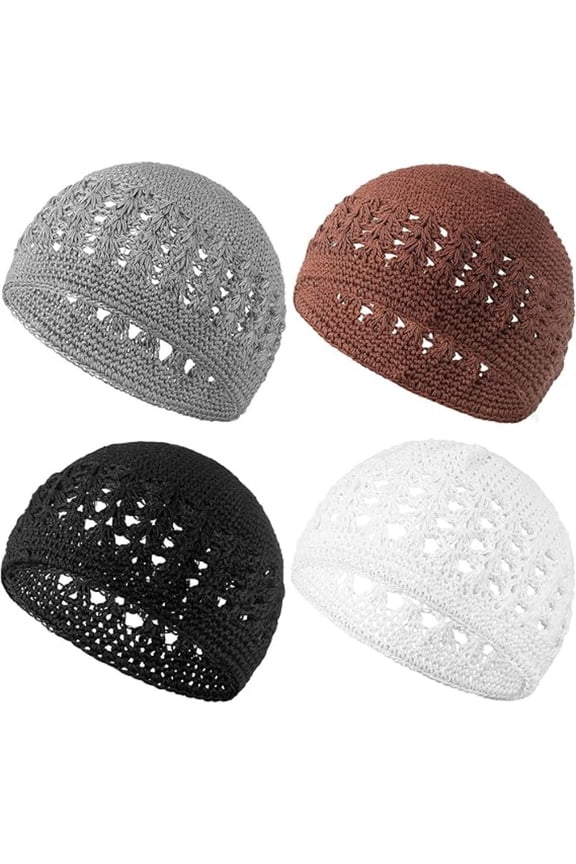 4-Pack Breathable Crochet Kufi Hats, Soft Knit Skull Caps for All Seasons, Unisex Stretch Beanies for Daily & Holiday Wear