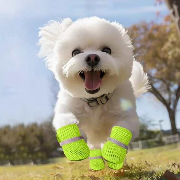 4-Pack Breathable Mesh Dog Booties, Reflective Adjustable Strap Rubber Sole Pet Shoes, Heatproof Summer Paw Protector, For Small Medium Dog Cat Outdoor Walking-Size S(Green)