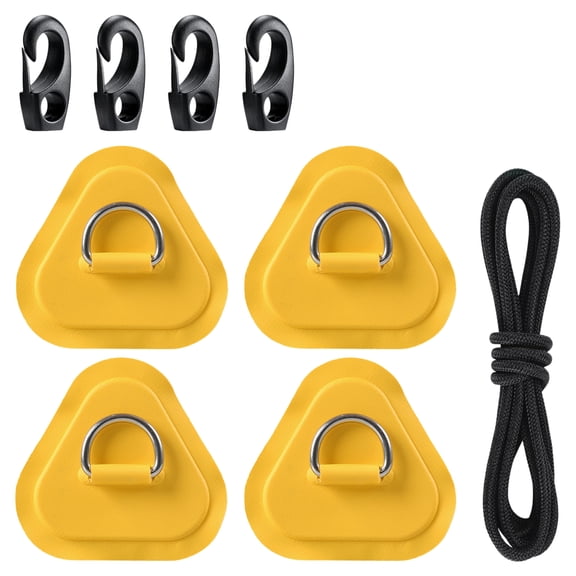4 Pack Bright Yellow PVC D-Ring Patch Kit with Bungee Cord, 304 Stainless Steel Triangle D-Ring Set, Deck Storage Expansion for Inflatable SUP Kayak Canoe (Yellow)