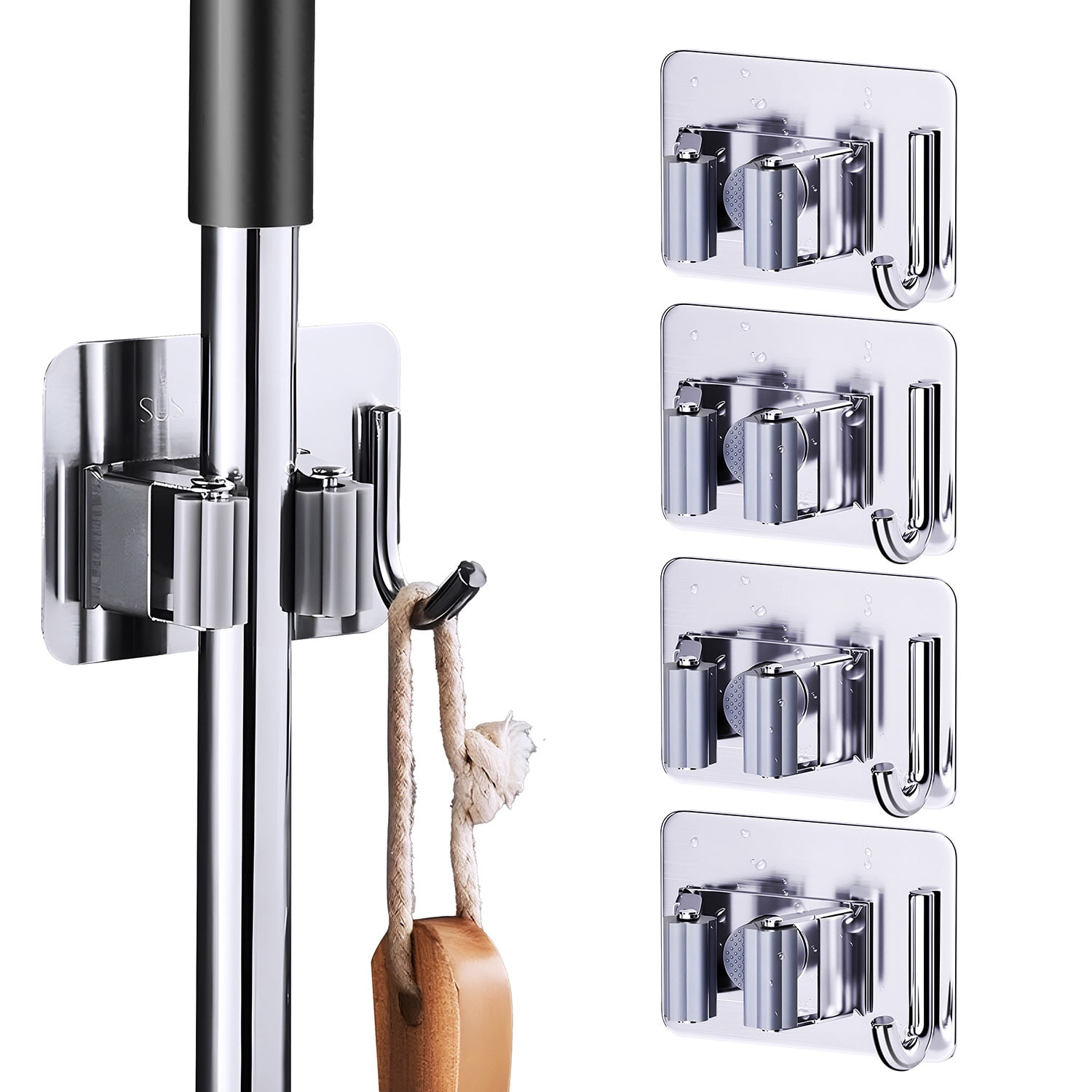 Daily Treasures 4-Piece Stainless Steel Broom Holder Wall Mount – Self-Adhesive, Adjustable, With 2 Extra Hooks For Mops & Tools