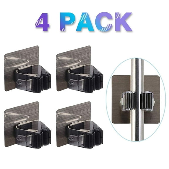 4 Pack Broom Mop Holder, Amerteer Broom Gripper Holds Self Adhesive Reusable No Drilling Super Anti-Slip, Wall Mounted Storage Rack Storage & Organization Your Home, Kitchen Wardrobe-Black