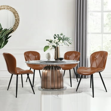 4-Pack Brown Faux Leather Dining Chairs Set with Metal Legs - Wide Seat Kitchen Chairs, Modern Upholstered Dining Room Chairs, Comfortable for Restaurant