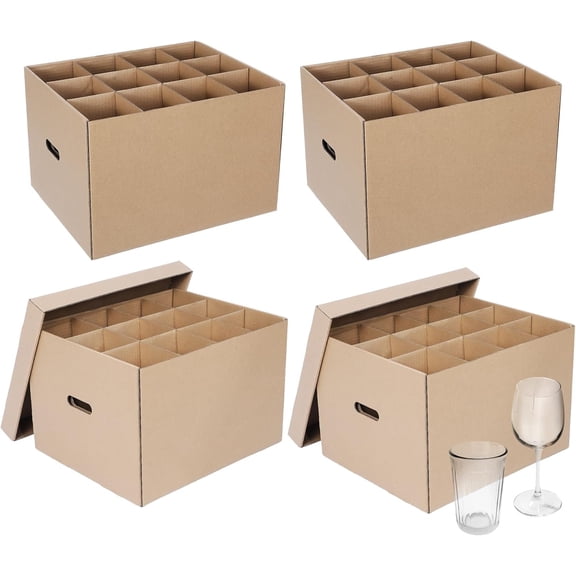 4 Pack Brown Kraft Paper Wine Glass Moving Boxes with Handles and Lift-Off Lids, 15 x 12 x 10 Inches, Stackable and Recyclable