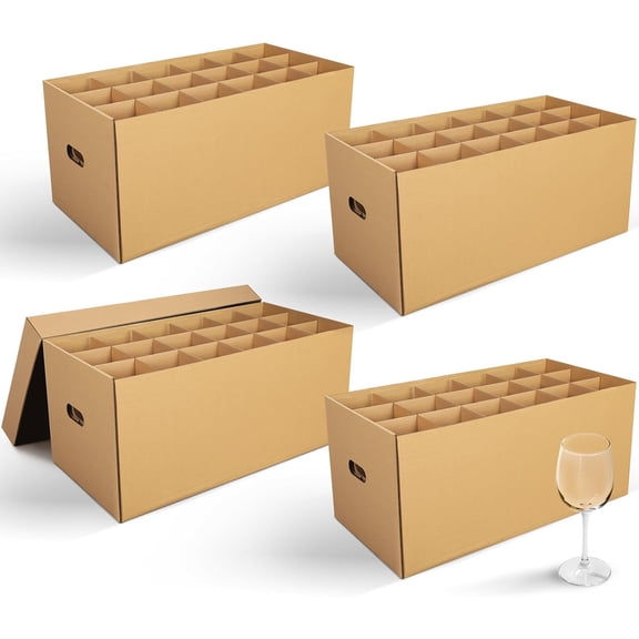 4 Pack Brown Rustic Wine Glass Moving Boxes with Handles and Lift-Off Lids (24 x 12 x 11 Inches)