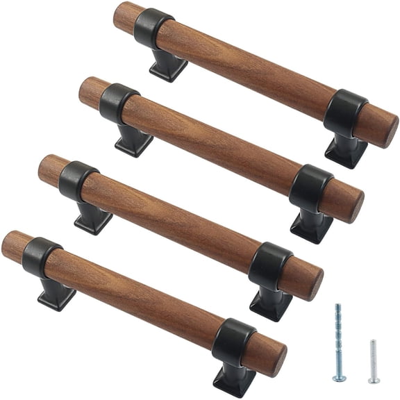 4 Pack Brown Wood Cabinet Pulls, 96 mm/3-3/4 inch Hole Centers | Wooden Drawer Handle, Wood Pull Handles with 2 Types Of Screws, Dresser Knobs Handles for Kitchen, Cabinet, Drawer, Cupboard