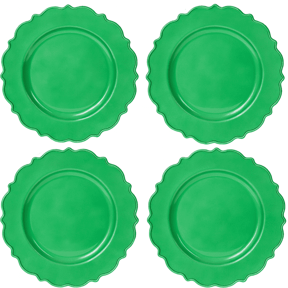 (4) Pack Bundle Green Charger Plates 12.5 Inch Decorative Elegant Scalloped Edge Round Dinner Parties Holiday Table Settings Weddings Events