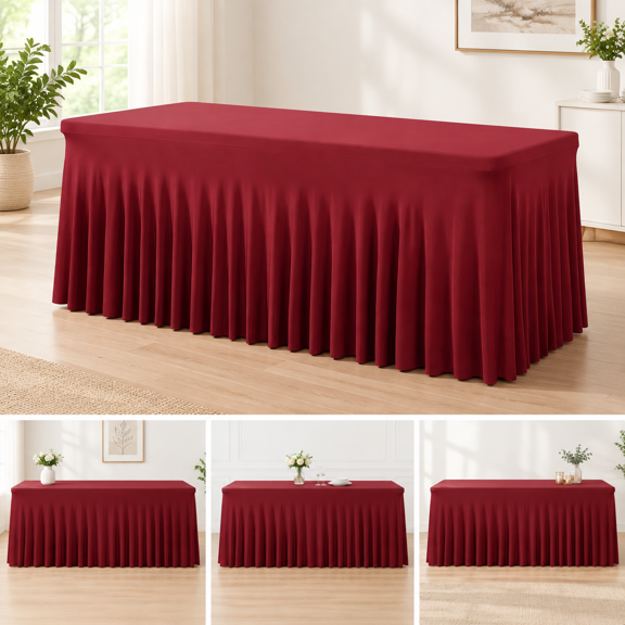 4 Pack Burgundy Spandex Tablecloths For 6 Foot Rectangle Tables Wrinkle Free Fitted Tablecover 6ft Maroon Stretchy Table Clothes
