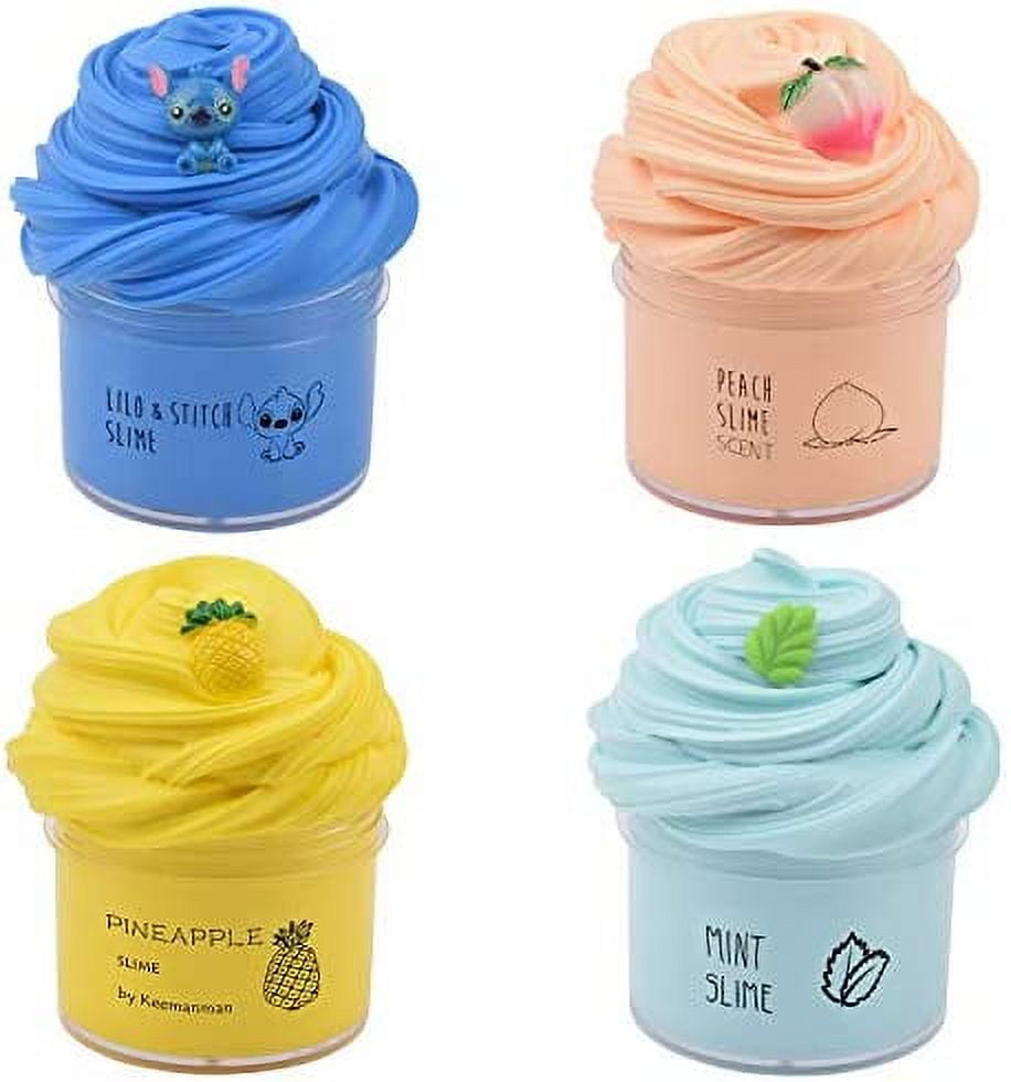 4 Pack Butter Slime Kit with Blue Stitch, Peach, Pineapple and Mint Charms,  Scented DIY Slime Supplies for Girls and Boys, Stress Relief Toy for Kids  Education, Party Favor, Gift and Birthday 