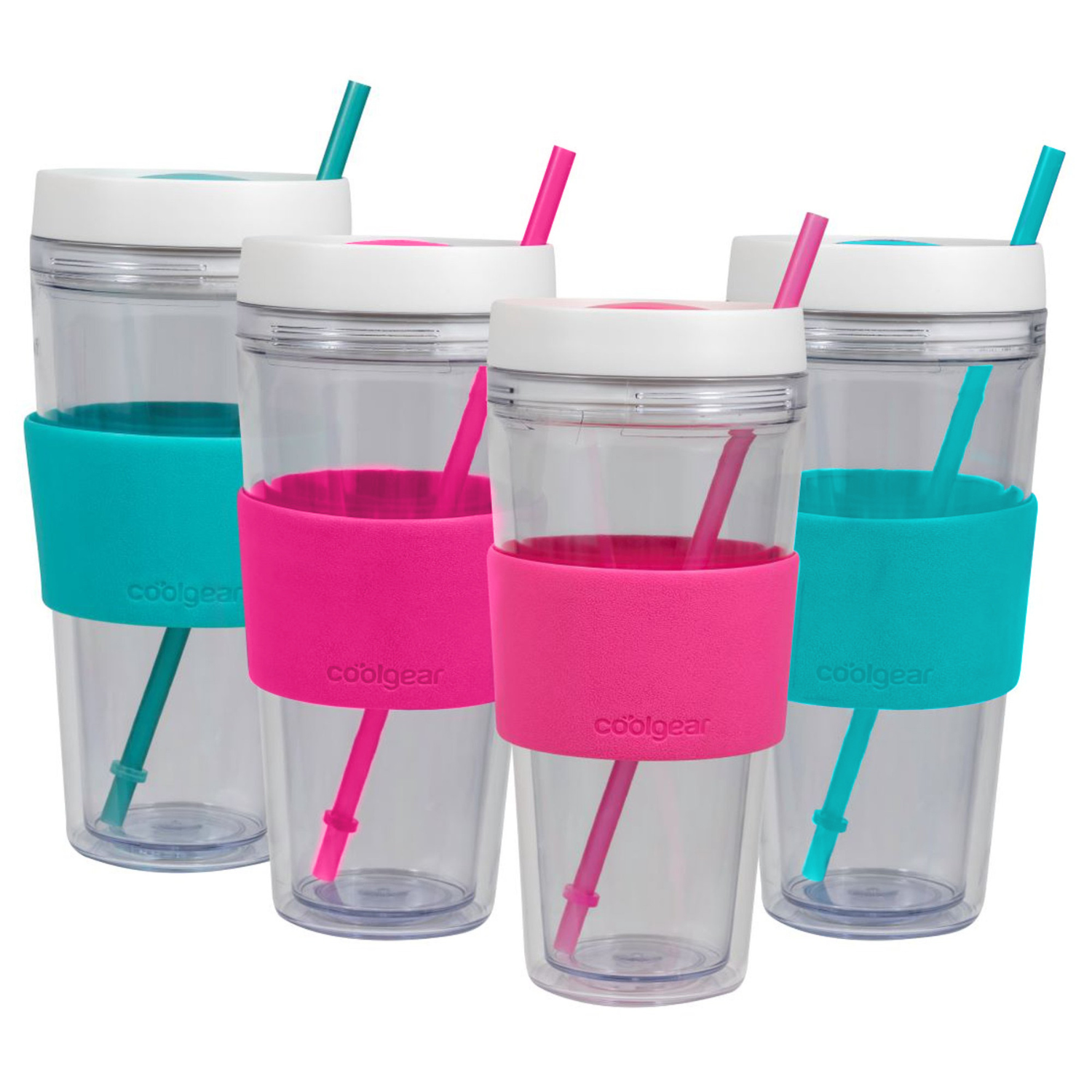 4 Pack COOL GEAR 24 oz Callisto Clear Chiller with Straw and Band | Dual Function Closure Colored Re-Usable Tumbler Water Bottle - image 1 of 9
