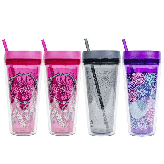 4 Pack COOL GEAR 24 oz Callisto Printed Chiller with Straw | Dual Function Closure Printed Re-Usable Tumbler Water Bottle