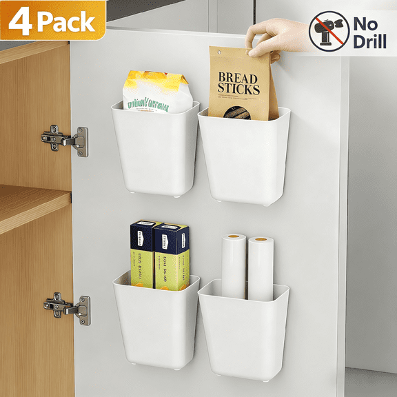 4 Pack Cabinet Door Storage Box, Self Adhesive Wall Mounted Organizer for Bathroom, Wardrobe, Refrigerator Small Items
