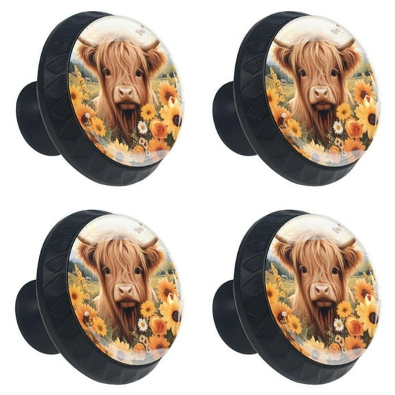 4 Pack Cabinet Knobs Highland Cow Sunflower Drawer Dresser Knobs Black Drawer Pulls Door Handles Cabinet Hardware Knobs for Kitchen Bathroom Closet