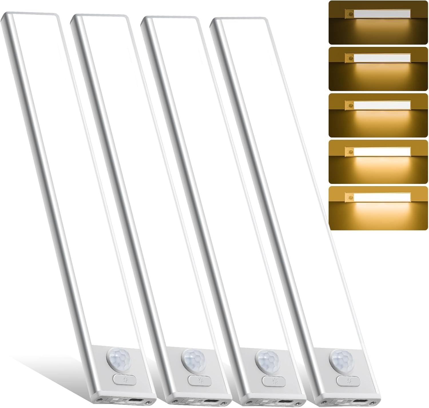 4 Pack Under Cabinet Lighting, Rechargeable Motion Sensor Light Indoor, Wireless Dimmable Magnetic Closet Lights, 32 LED Counter Lights for Kitchen, Wardrobe, Stairs, Warm