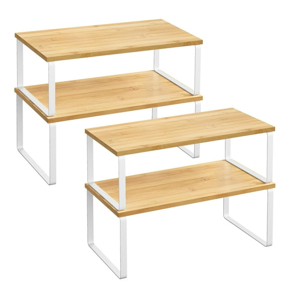 4 Pack Cabinet Organizer Shelf, Kitchen Counter Shelves, Kitchen Storage, Spice Rack, Stackable, Expandable, Metal and Engineered Wood, Cloud White and Natural Beige