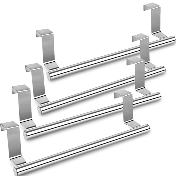 4 Pack Over Cabinet Towel Bar with Hooks, NOGIS 9.3 Inch Brushed Stainless Steel Over The Door Towels Rack for Home Bathroom Kitchen, Hang on Inside and Outside Cabinets or Doors
