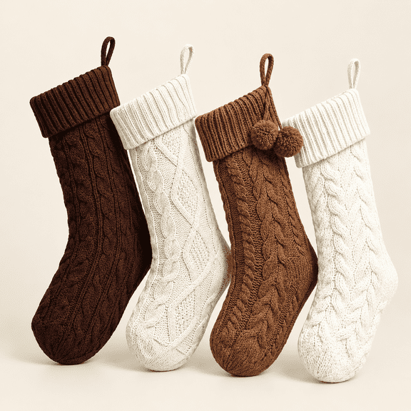 4 Pack Cable Knit Christmas Stockings 18 Inch Farmhouse Large Rustic Neutral Knitted Stockings Ornaments Hanging Xmas Decorations for Family Holiday Party Decor(Stylish Style)