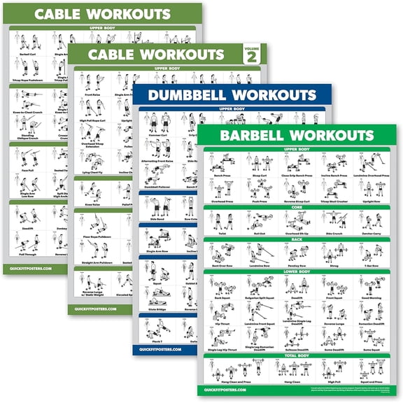 4 Pack - Cable Machine Workout Posters Volume 1 & 2 + Dumbbell Exercises + Barbell Exercises (LAMINATED, 18" x 24")