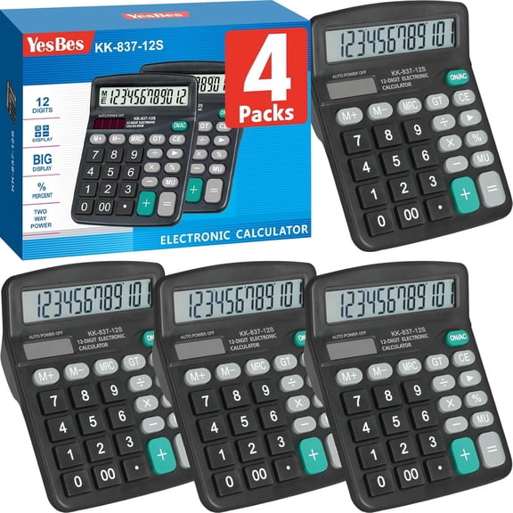 4 Pack Calculator Bulk, 12 Digits Calculators Desktop with Large LCD Display and Sensitive Butto, Solar and Battery Dual Power, Desk Calculator