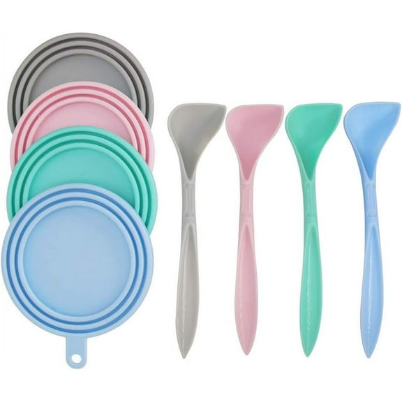 4 Pack Can Covers and 4 Pack Pet Spoons Set,Universal Silicone Can Lids for Pet Food Cans 1 Fit 3 Standard Size Dog and Cat Can Tops Cover (Round)