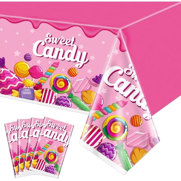 4 Pack Candy Land Tablecloths, Lollipop Plastic Tablecloths Two Sweet Birthday Table Covers for Candyland Party Decorations, 86 x 51 Inch