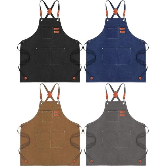 4 Pack Canvas Chef Apron for Men with Adjustable Strap Cross Back Cotton Barber Apron with Pocket, 26 x 30''