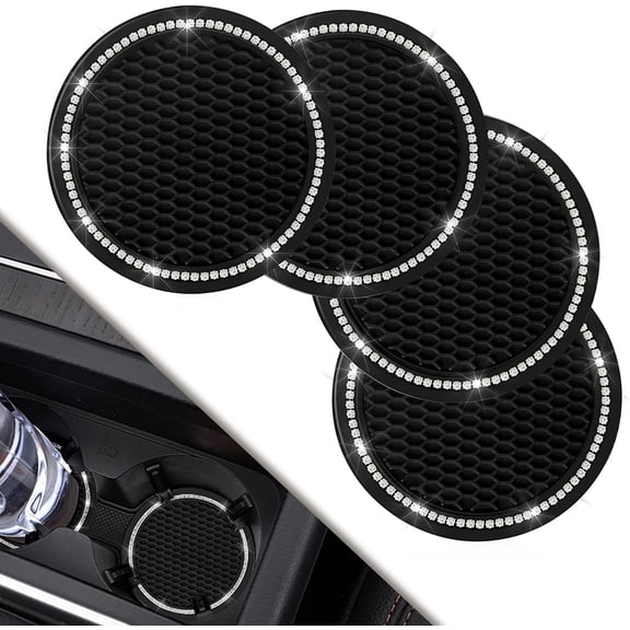 4 Pack Car Coasters, Universal Vehicle Bling Car Coaster, Cute Rhinestone Coaster for Cup Holders,Interior Accessories 2.75'' Silicone Anti Slip Car Coasters for Women (Pink Crystal Circle)