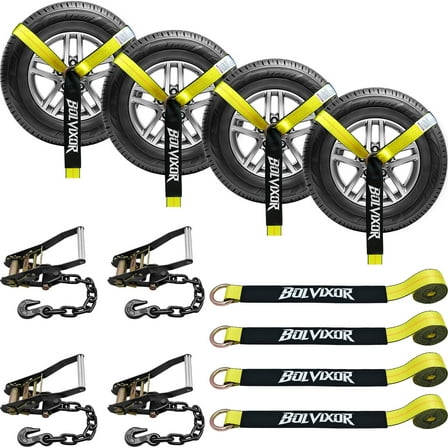 4 Pack Car Tie Down Straps for Trailers, 2" x 96" - 9900LBS Break Strength, Tire Ratchet Straps with Heavy Duty Chain Anchors for Hauling UTV, SUV, Truck, Any Cars