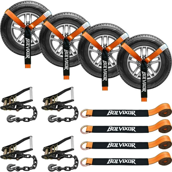 4 Pack Car Tie Down Straps for Trailers, 2" x 96" - 9900LBS Break Strength, Tire Ratchet Straps with Heavy Duty Chain Anchors for Hauling UTV, SUV, Truck, Any Cars