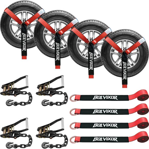 4 Pack Car Tie Down Straps for Trailers, 2" x 96" - 9900LBS Break Strength, Tire Ratchet Straps with Heavy Duty Chain Anchors for Hauling UTV, SUV, Truck, Any Cars