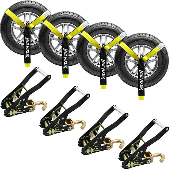 4 Pack Car Tie Down Straps for Trailers 2" x 96" - 9900LBS Break Strength - Tire Ratchet Straps with J Finger Hooks for Hauling UTV, SUV, Truck, Any Cars