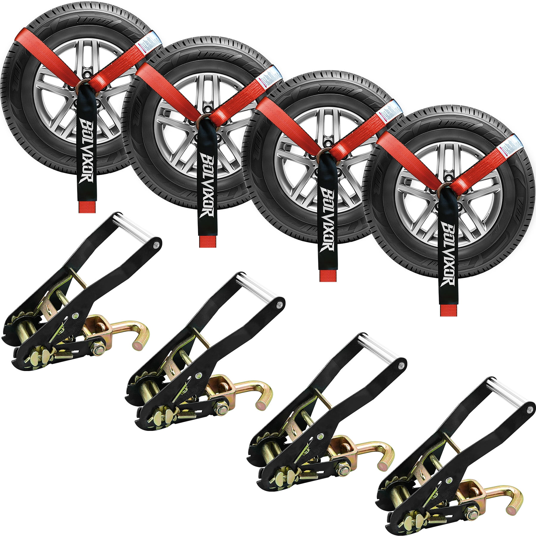 4 Pack Car Tie Down Straps for Trailers 2" x 96" - 9900LBS Break Strength - Tire Ratchet Straps with J Finger Hooks for Hauling UTV, SUV, Truck, Any Cars