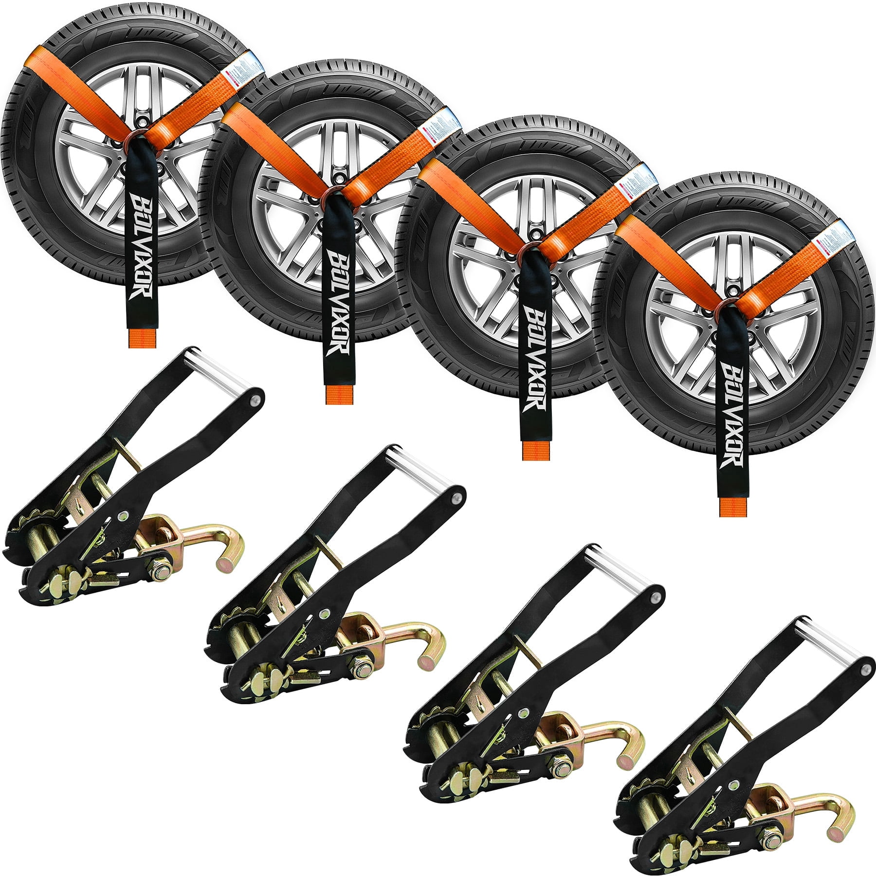 4 Pack Car Tie Down Straps for Trailers 2" x 96" - 9900LBS Break Strength - Tire Ratchet Straps with J Finger Hooks for Hauling UTV, SUV, Truck, Any Cars