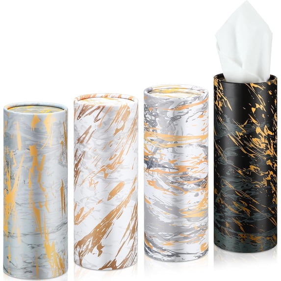 4 Pack Car Tissue Holder 3 Ply Facial Tissue Bulk Marble Modern Tissues Cylinder Travel Round Boxes Fits Car Cup Holders Small Tissues Container for Home Bathroom Everyday Refill