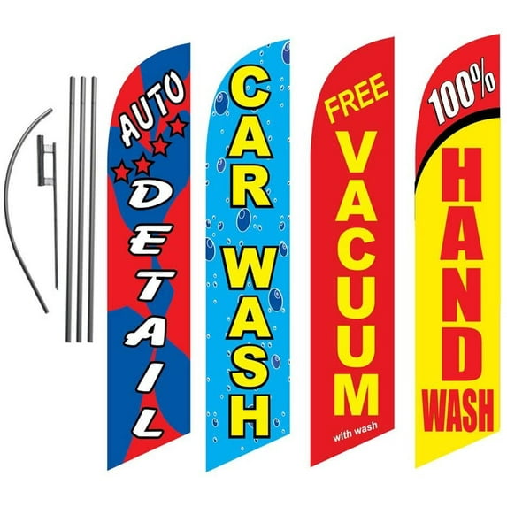 4 Pack Car Wash Signs Package Car Wash Advertising Package, Auto Detail, Hand Wash, Vacuum, Car Wash Slogans, Includes Feather Flag Pole Kits and Stakes