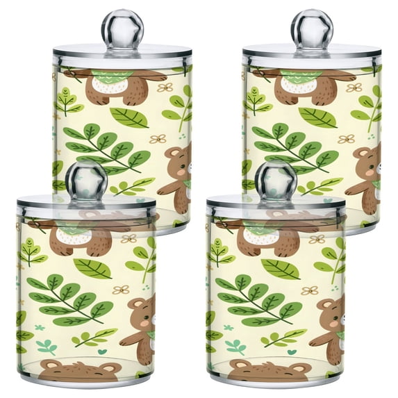 4 Pack Cartoon Bear and Leaves Qtip Holder Dispenser Clear Plastic Storage Apothecary Jars for Cotton Swabs Balls Pads Floss