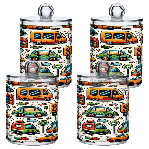 4 Pack Cartoon Cars Indicator Roadsign Qtip Holder Dispenser Clear Plastic Storage Apothecary Jars for Cotton Swabs Balls Pads Floss
