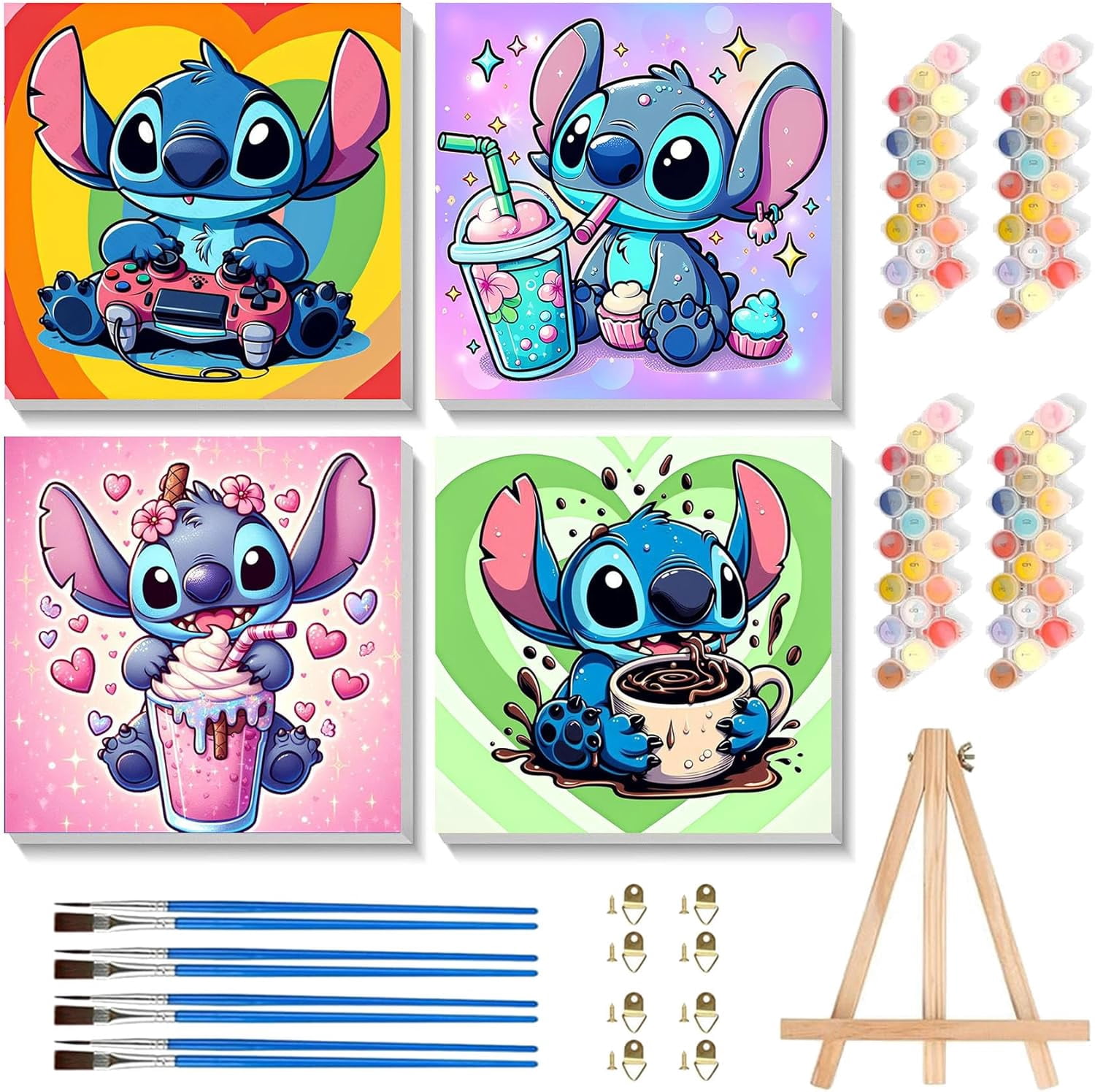 4 Pack Cartoon Paint by Numbers for Kids with Framed Canvas-with Wooden Easel, Paint by Number for Kids Ages 4-8-12, DIY Easy Acrylic Oil Painting Kits for Home Wall Decor (8X8inch)