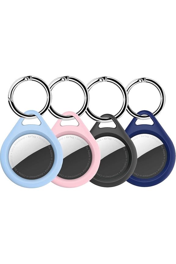 4 Pack Case for AirTag, Hard PC Cover Protective Silicone Covers for Apple Airtags 2021 with Anti-Lost Keychain Ring Sleeve Holder Skin Protector Tracker Finder Locator - Black/Blue/Light Blue/Pink